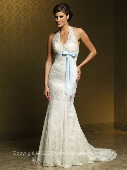 wedding dress with blue sash wwwromanticgownscom